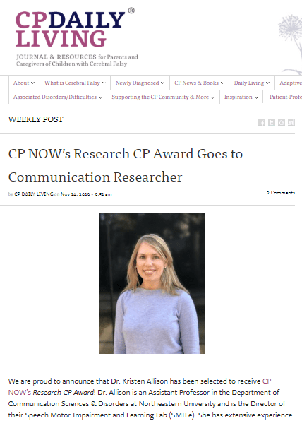 Dr. Kristen Allison was awarded CP NOW’s Research CP Award. (November 14, 2019)