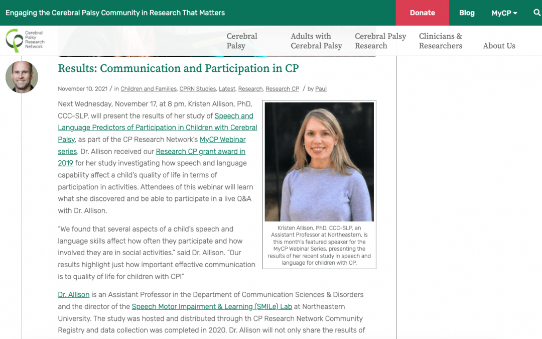 Our lab director Dr. Kristen Allison presented as part of the CP Research Network’s MyCP Webinar series! (November 6, 2021)