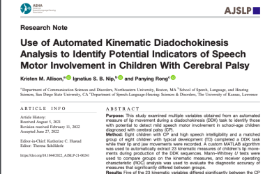 New Publication: “Use of Automated Kinematic Diadochokinesis Analysis to Identify Potential Indicators of Speech Motor Involvement in Cerebral Palsy”