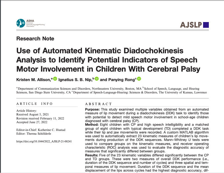 New Publication: “Use of Automated Kinematic Diadochokinesis Analysis to Identify Potential Indicators of Speech Motor Involvement in Cerebral Palsy”